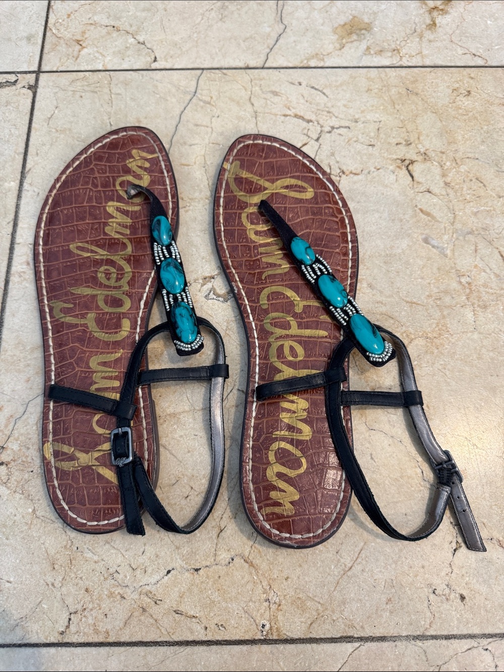 Sam Edelman Black T-Strap Sandals with Turquoise Bead Detail
